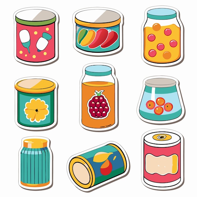 Vector set of different food cans and jars stickers with fruits and vegetables