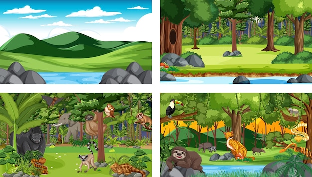 Set of different forest horizontal scene with various wild animals