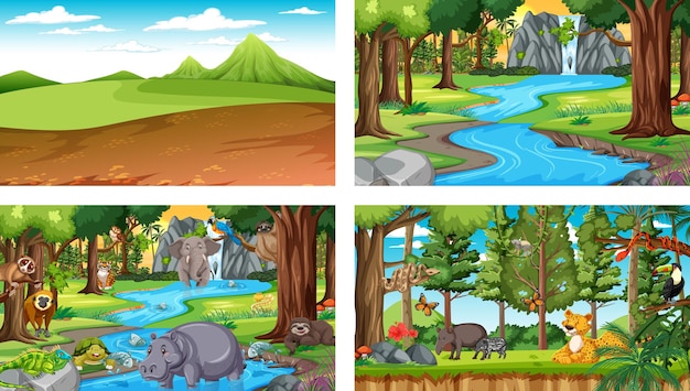 Set of different forest horizontal scene with various wild animals