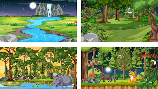 Set of different forest horizontal scene with various wild animals