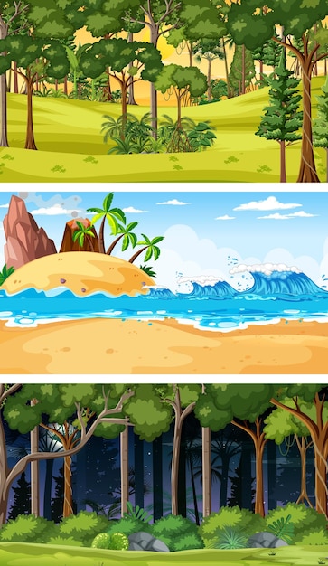 Set of different forest horizontal scenes in different times