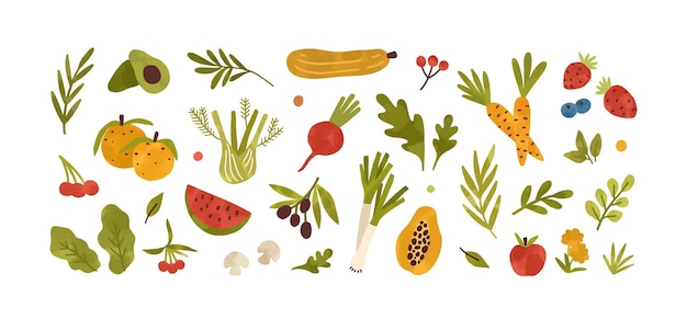 Set of different fresh vegetables, fruits, berries and salad greens. Collection of vitamin organic food. Healthy products. Flat vector cartoon illustration isolated on white background.