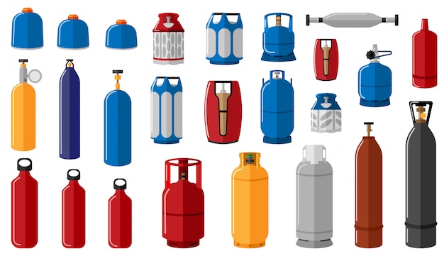 Set different gas cylinder on white background. Equipment for safe shipping gas