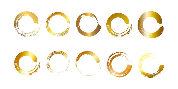 Set of different gold circles brush strokes Flat style Isolated on white background Vector illustration