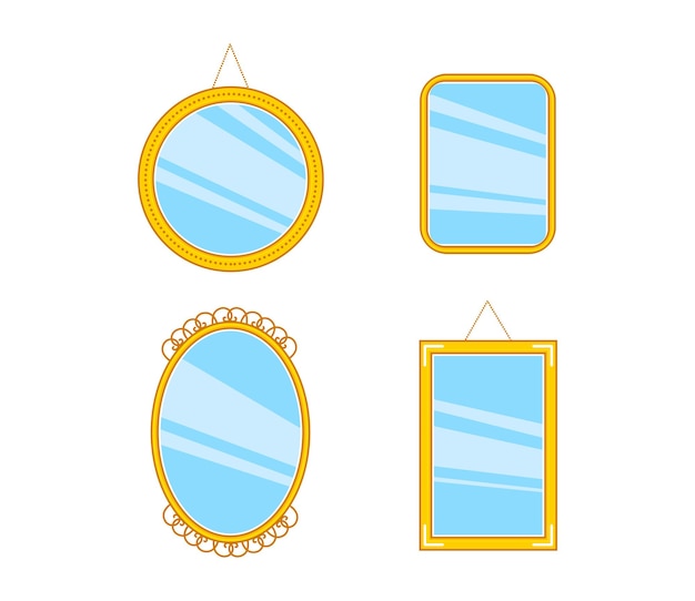 Set of different gold shiny cartoon mirrors with reflection in minimalist style