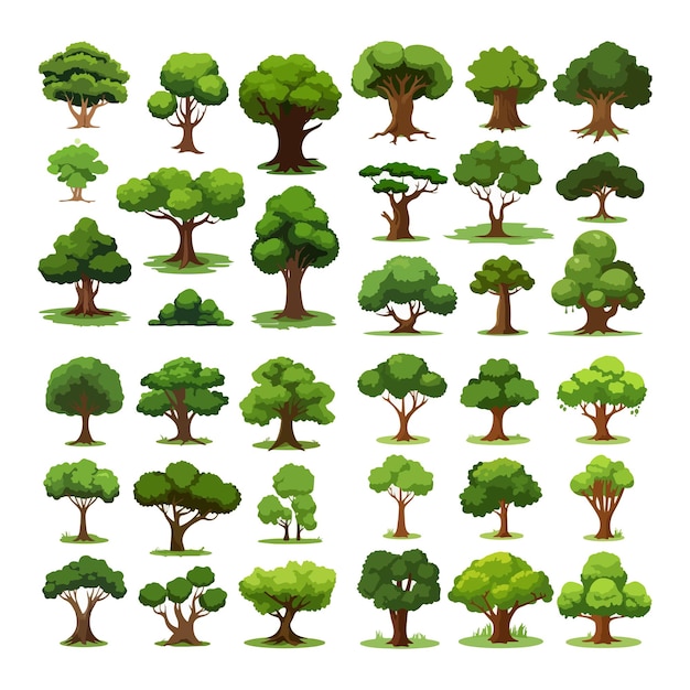 set of different green trees