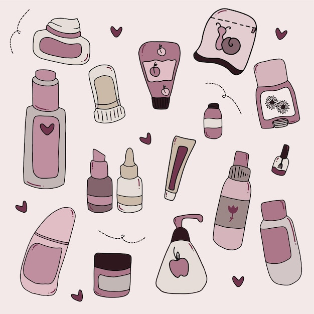 Set of different hand drawn beauty skin care products with purple colour