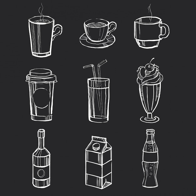 Set of different hand drawn beverages on the blackboard.