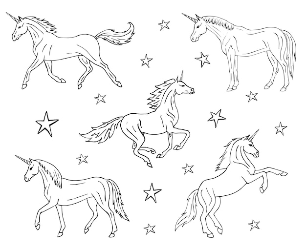 Set of different hand drawn unicorns