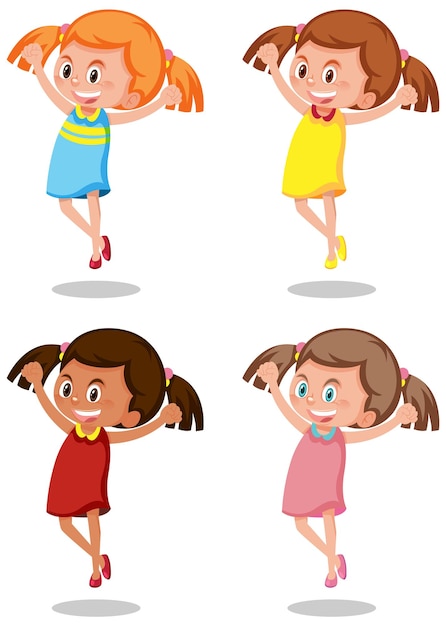 Set of different happy girl cartoon character