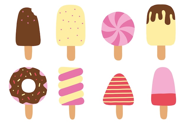 Set of different ice cream on a stick popsicle