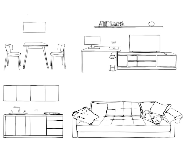 Set of different interior hand drawn sketch Kitchen living room bedroom workplace