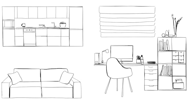 Set of different interior hand drawn sketch vector illustration