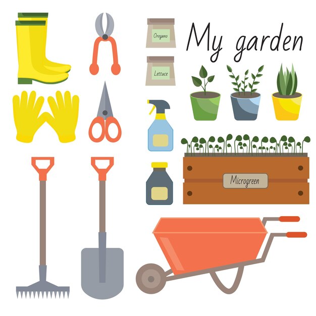 Vector set of different isolated garden tools on a white background