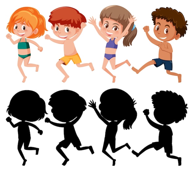 Set of different kids cartoon character in summer theme with silhouette