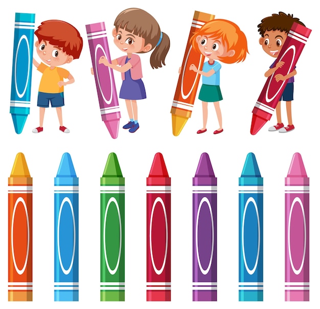 Set of different kids holding colour crayon sticks