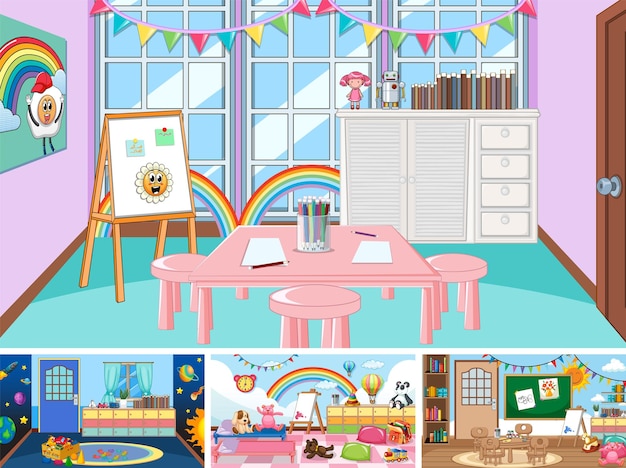 Set of different kindergarten classroom scenes