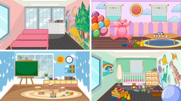 Set of different kindergarten classroom scenes