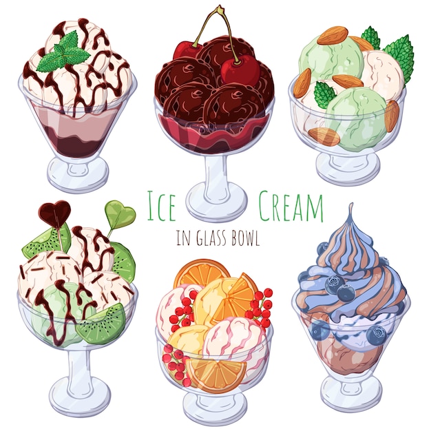 Set of different kinds of ice-cream in bowls