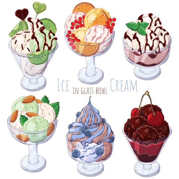 Set of different kinds of ice-cream in bowls