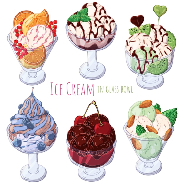 Set of different kinds of ice-cream in bowls 