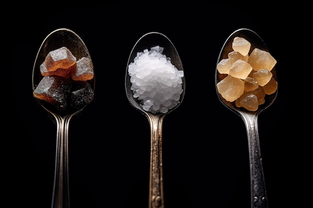 Vector a set of different kinds of sugar and a spoon with a black background