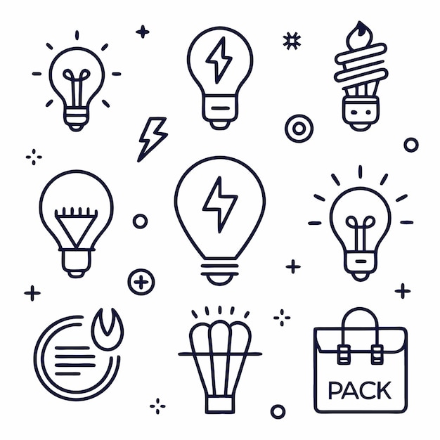 Set of different lightbulb icons in black and white