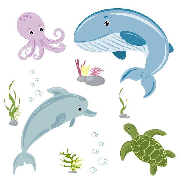 Set of different marine inhabitants