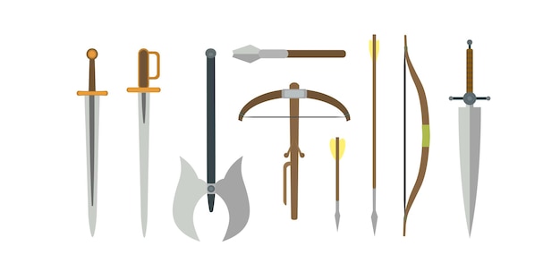 Set of different medieval weapons vector flat illustrations