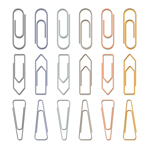 Set of different metal paper clips on white background