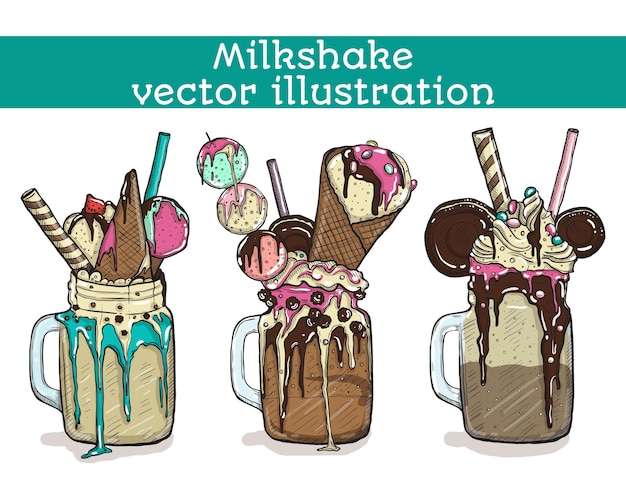 Vector set of different milkshakes chocolate strawberry vanilla and candy milkshakes vector cartoon illustration isolated on a white background