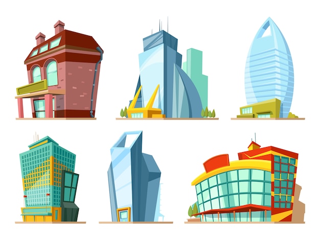 Set of different modern buildings in cartoon style