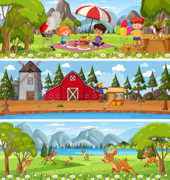 Set of different nature landscape at daytime scene with cartoon character