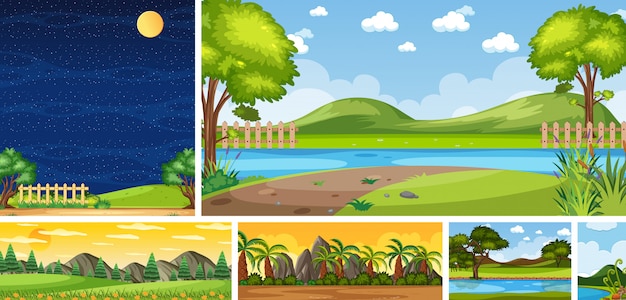 Set of different nature place scene in vertical and horizon scenes at daytime and night