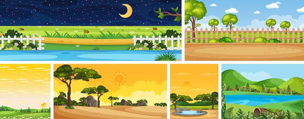 Set of different nature place scene in vertical and horizon scenes at daytime and night