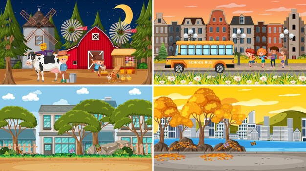 Vector set of different nature scenes background in cartoon style