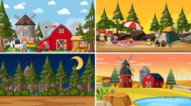 Set of different nature scenes background in cartoon style