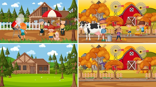 Set of different nature scenes background in cartoon style