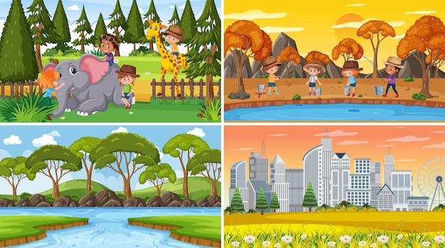 Set of different nature scenes background with people