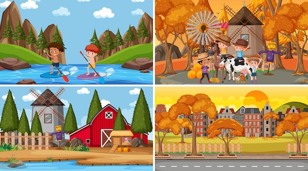 Set of different nature scenes cartoon style