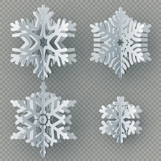 Set of different paper snowflake cut from paper isolated on transparent background. Merry Christmas, New Year winter theme decoration object.