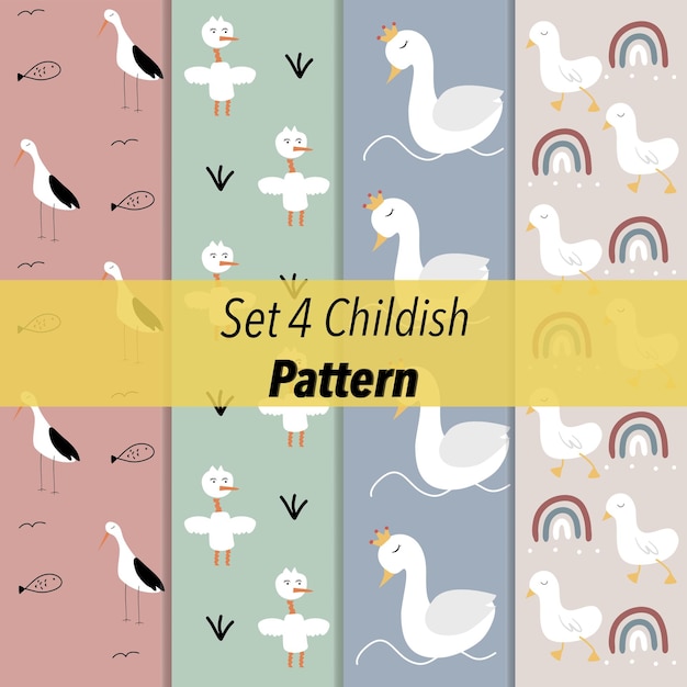 A set of different patterns including a set of cute childish ducks stork and swans