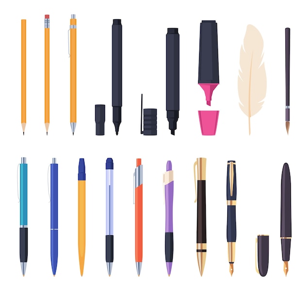 A set of different pens and pencils Writing tools Vector illustration