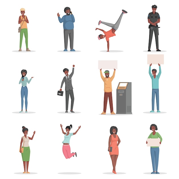 Set of different people jumping holding placards talking phone vector