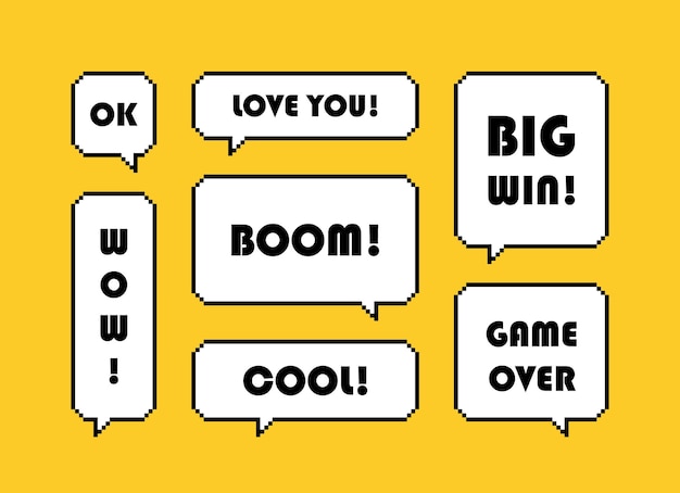 Set different pixel speech bubble with text expression isolated on yellow background Geometric texting dialogue boxes Modern vector illustration