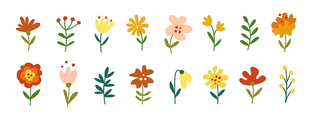 Set of different plant elements in cartoon style.