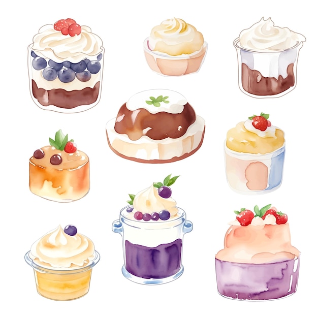 Vector set of different pudding with cream and berries watercolor hand drawn illustration