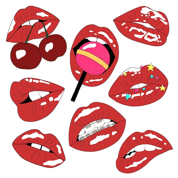 Vector set of different red lips on white background