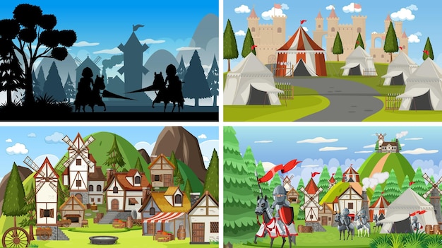 Set of different scene medieval with silhouette