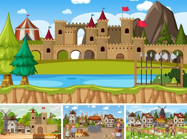 Vector set of different scene medieval